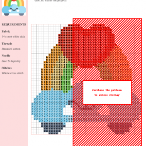 Cross stitch pattern depicting a cute cartoon cloud car under a rainbow with a heart on top, representing LGBTQ+ pride.