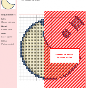Image of a crescent moon cross stitch pattern with two small, sparkling stars. The design features pale yellow moon and light blue outlines.