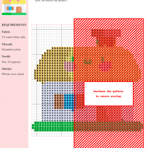Cross stitch pattern featuring a charming, cartoon-style cottage with a yellow roof, small windows, and a chimney.