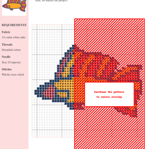 Cross stitch pattern featuring a stylized orange and pink fish with detailed fins. Ideal for crafting projects.
