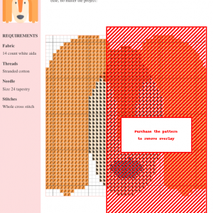 A charming cross-stitch pattern depicting a Saluki dog's head, featuring orange fur and a dark blue nose. Perfect for dog lovers and cross-stitch projects.