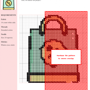 Cross stitch pattern design of a teal shopping bag with a yellow discount percentage symbol.