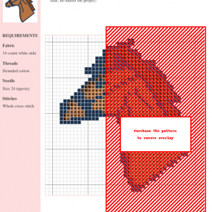 A charming cross-stitch pattern featuring a detailed design of a chestnut horse's head in profile, wearing a bridle.