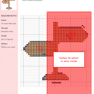 Cross stitch pattern featuring a cute wooden road sign with two directional arrows, each adorned with a red heart. Perfect for Valentine's Day or romantic projects.