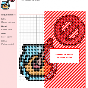 Cross stitch pattern depicting a jar of honey with a wooden spoon, and a red prohibition symbol indicating 'no honey'.