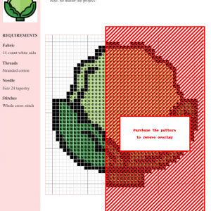 Cross stitch pattern depicting a charming cauliflower with green leaves, perfect for embroidery projects.