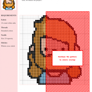 Cross stitch pattern featuring a cute, cartoon-style gingerbread person with orange hair and a light blue shirt.