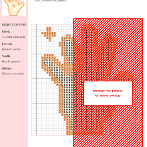 Close-up of a cross-stitch pattern depicting a hand with a ring on the ring finger, accented with sparkling details.