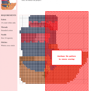 Cross stitch pattern featuring a whimsical boat design with red and blue accents, intricate details, and a warm color palette.