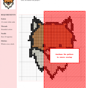 Image of a cute Pomeranian dog cross stitch pattern. The design features a simplified, cartoonish Pomeranian head with orange fur, a pink tongue, and fluffy white chest fur.