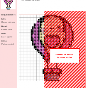 Cross stitch pattern featuring a cute, cartoonish hot air balloon with a heart, in shades of pink, purple, and cream.