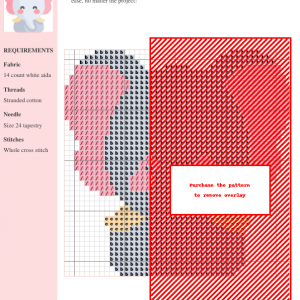 Image of a charming cross stitch pattern featuring a sweet, cartoon-style elephant with pink ears and light grey body.