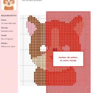 Cross stitch pattern of a cute cartoon Corgi dog with brown and pink colors.