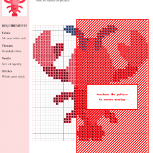 Cross stitch pattern featuring a charming cartoon lobster design. The lobster is primarily red with blue antennae.