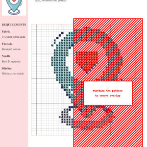 Image of a cross-stitch pattern depicting a teal map pointer with a red heart inside. This is a digital pattern for purchase.
