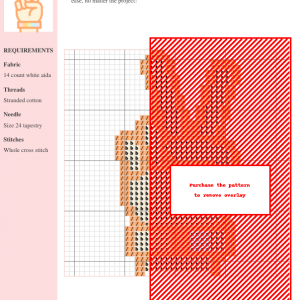 Cross stitch pattern of a hand making a peace sign, wearing a rainbow bracelet. Pastel color palette.