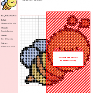 Cross stitch pattern of a cute cartoon bee with yellow body, orange stripes, and light blue wings.