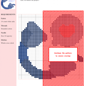 Cross stitch pattern depicting a vintage-style telephone with a speech bubble containing a pink heart. Colors are primarily blues and pinks.