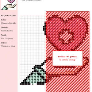 Cross stitch pattern depicting a pink heart with a white cross inside, gently cradled in an outstretched hand.
