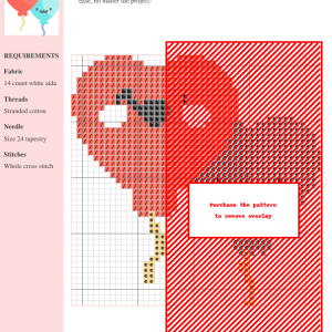 Cross stitch pattern featuring two heart-shaped balloons with cute faces, one red and one light blue, each with a whimsical string.