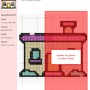 Cross stitch pattern depicting a charming little house with a pink roof, yellow door, and blue windows, surrounded by simple green bushes.