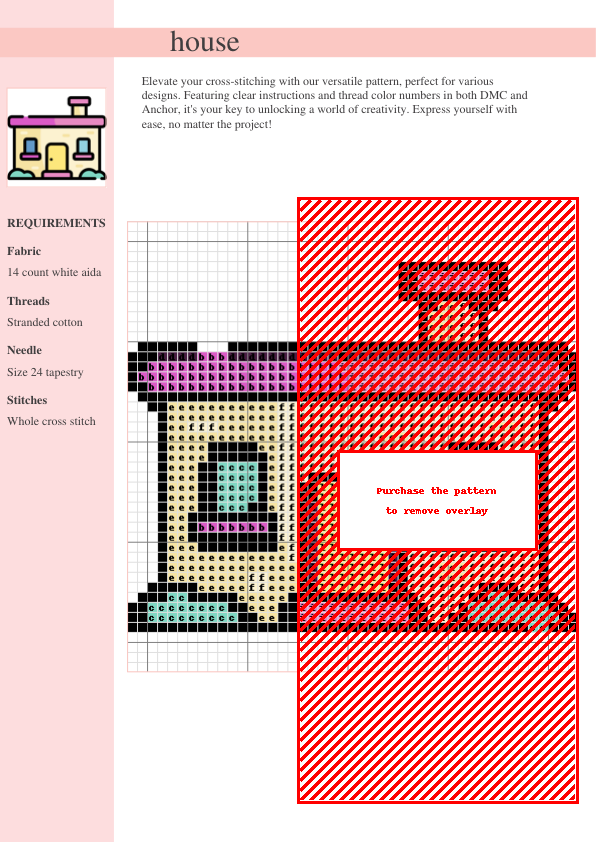 Cross stitch pattern depicting a charming little house with a pink roof, yellow door, and blue windows, surrounded by simple green bushes.