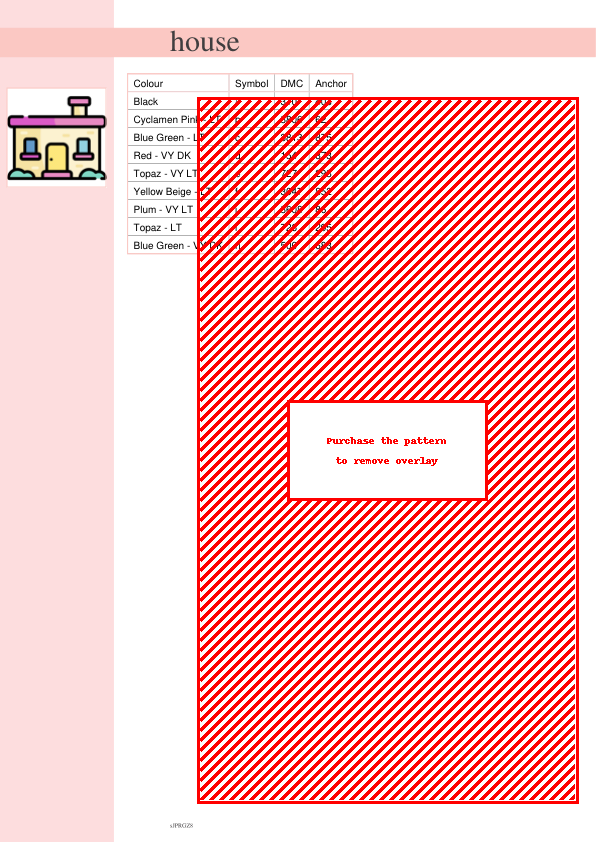 Cross stitch pattern of a charming little house with pink roof, yellow door, and blue windows, surrounded by simple green bushes.