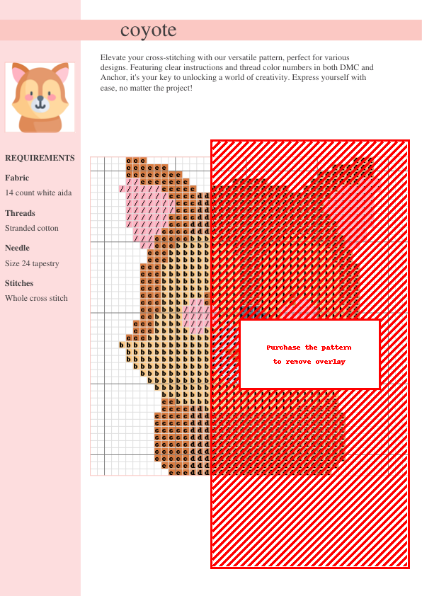 Image of a charming coyote cross stitch pattern featuring a cute cartoon coyote face in warm brown and peach tones.