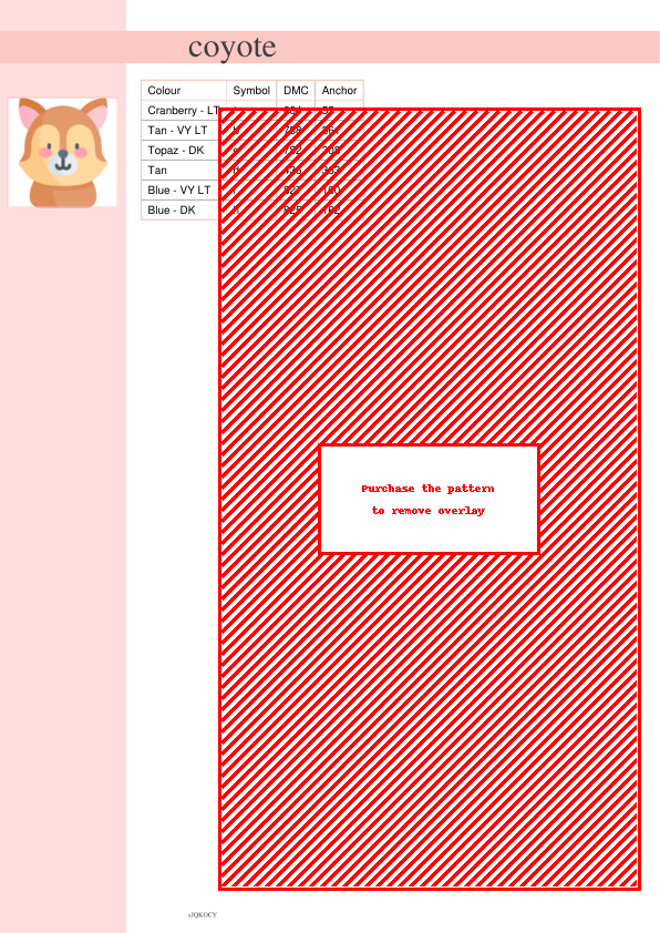 Image of a coyote cross stitch pattern featuring a cute, cartoonish coyote face in shades of brown, orange, and pink.