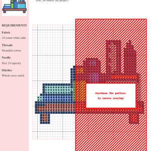Cross stitch pattern depicting a charming bookshelf with books, pencils, a ruler, and a pencil holder.