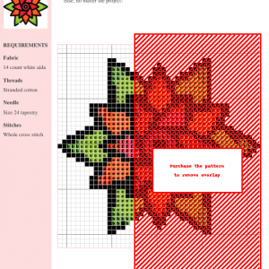 Image of a Bromeliad cross stitch pattern featuring a stylized red and orange flower with green leaves, perfect for needlepoint and embroidery projects.