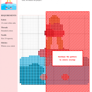 Cross stitch pattern design of a smiling buoy floating on blue water, featuring a stacked, colorful ring top.