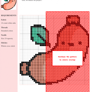 Image of a cross stitch pattern depicting a charming cartoon sausage with a leaf, ready for stitching.