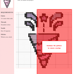 Cross stitch pattern design depicting a pastel pink party popper with colorful confetti streamers and a gold star.
