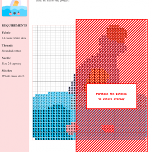 Cross stitch pattern featuring a cute cartoon bottle with a cork, partially submerged in bright blue water. The water has a smiling face.