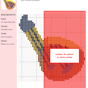 Cross stitch pattern depicting a bandura, a traditional Ukrainian musical instrument, in orange, yellow, and dark blue.