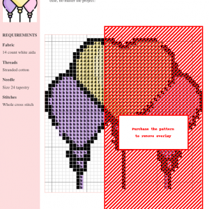 Image of a cross stitch pattern featuring three heart-shaped balloons in pastel purple, yellow, and pink.