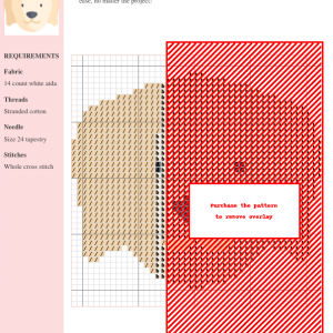 Cross stitch pattern design featuring a charming golden retriever's head, in shades of cream and beige with a dark grey nose.