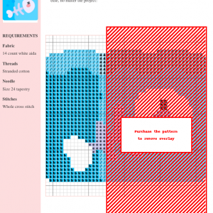 Cross stitch pattern featuring a cute cartoon fish bone in light blue and white, submerged in water.