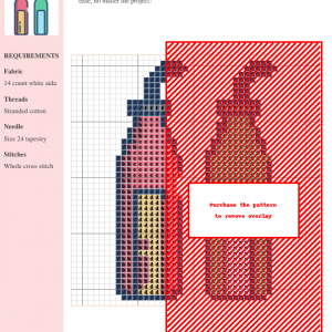 Cross stitch pattern featuring two stylized oil bottles in pink/coral and green, with yellow and light blue labels. Perfect for kitchen décor.