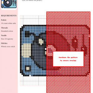 Cross stitch pattern depicting a vintage-style turntable with record, featuring pastel blue and black colors.