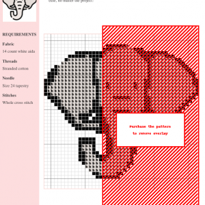 Image of a charming elephant cross stitch pattern design. The elephant is grey and outlined in black, featuring a simple yet endearing style.
