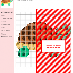 Cross stitch pattern featuring a charming cartoon turtle with brown shell, green limbs, and a pale pink face.