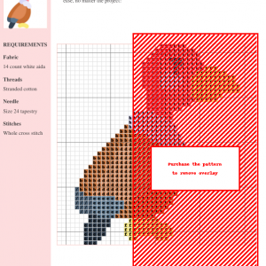 Cross stitch pattern featuring a cute, cartoon-style vulture with pink head, orange body, and yellow beak.
