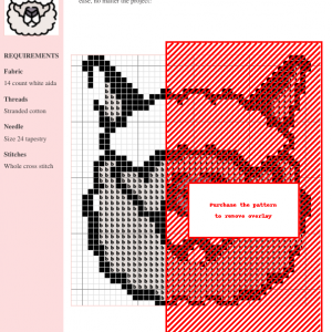 Cross stitch pattern featuring a charming alpaca's face, predominantly in white and grey tones.