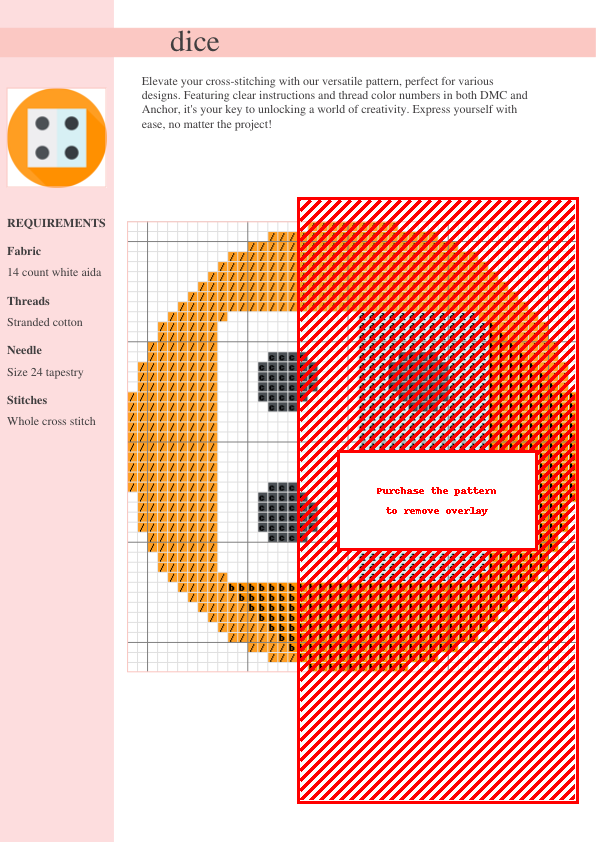 Image of a cross stitch pattern featuring a pair of stylized dice, rendered in black and white on a light background.