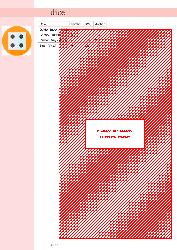 Image of a cross stitch pattern depicting two dice, featuring simple black dots on a light background. The design is contained within a square.