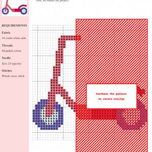 Cross stitch pattern depicting a red kick scooter, perfect for children's projects or transportation themed crafts.