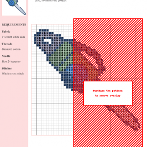 Cross stitch pattern featuring a charming cartoon chainsaw with teal, green, and gray color accents.