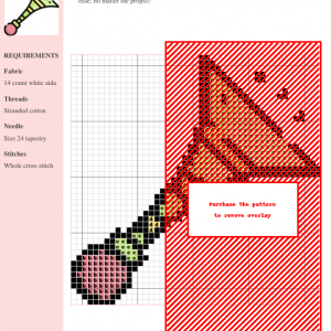 Cross stitch pattern of a cheerful, green and yellow trumpet with a red ball at the base. Perfect for adding a musical touch to your crafting projects.
